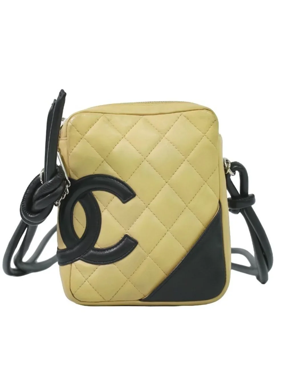 Chanel CC Logo Cambon Line Shoulder Bag Pochette Lambskin Leather Beige Black